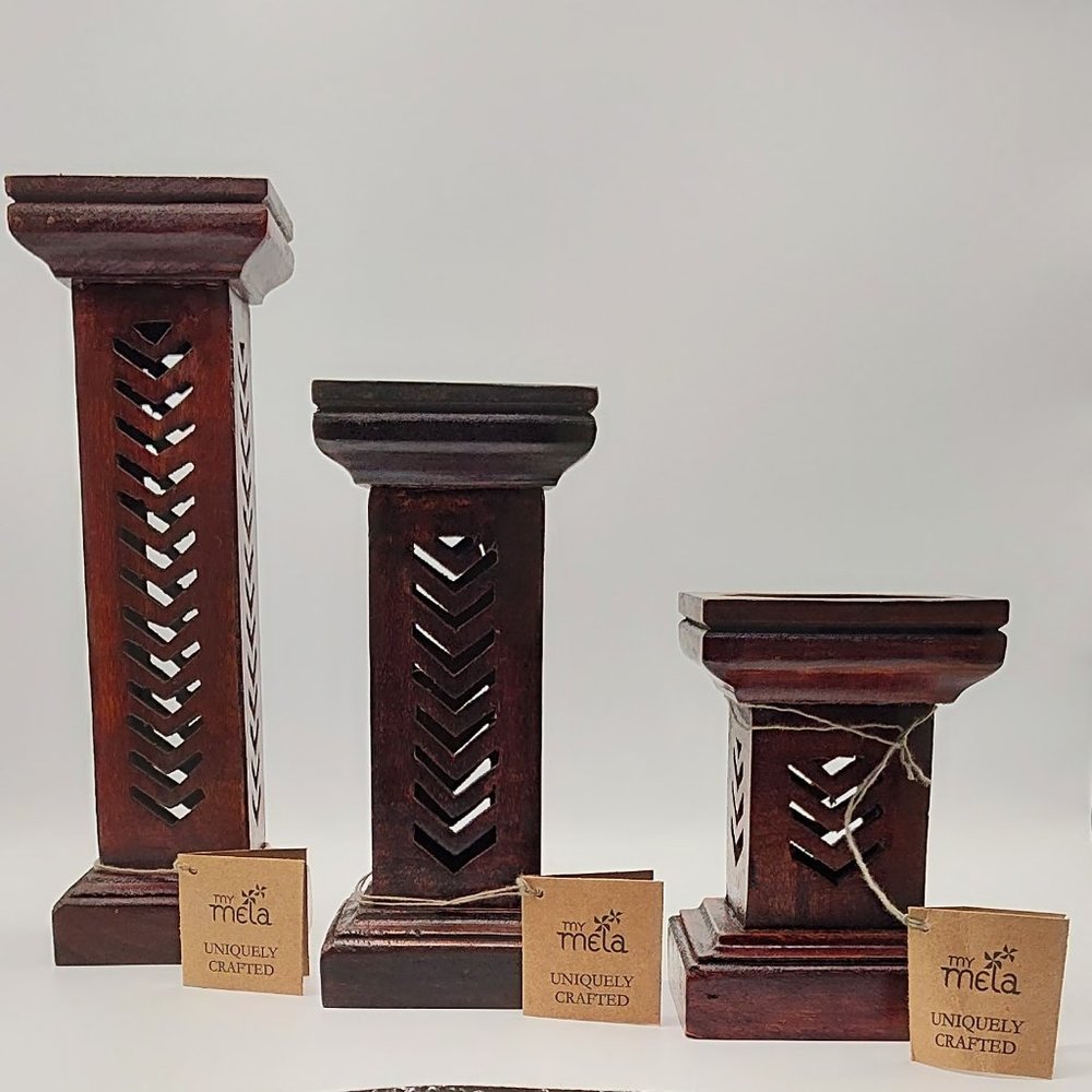 My Mela Mela Artisans Set of 3 Pillar Candle Holder Dark Wood Handmade Column